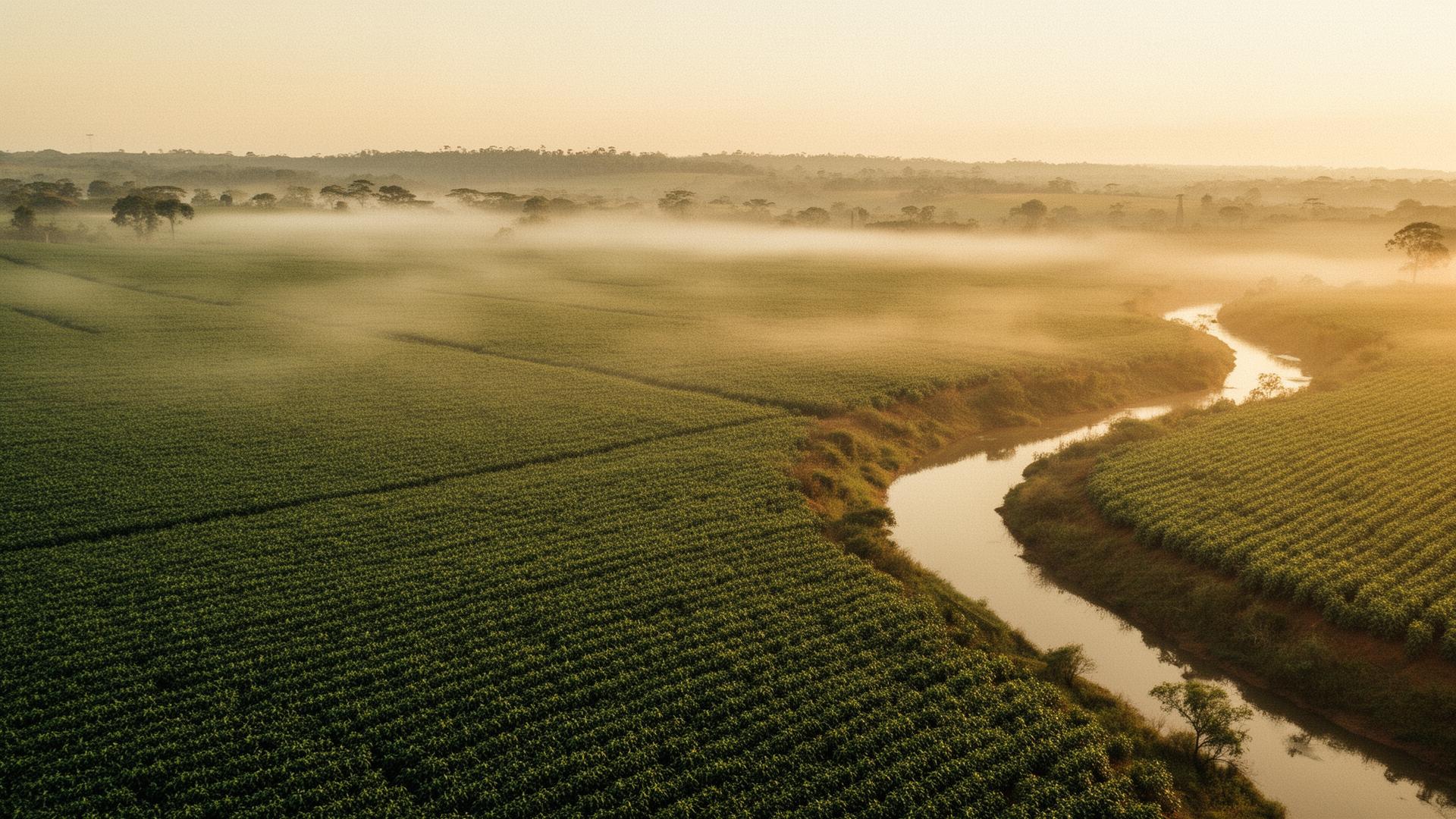 Vista aérea de campos brasileiros ao amanhecer